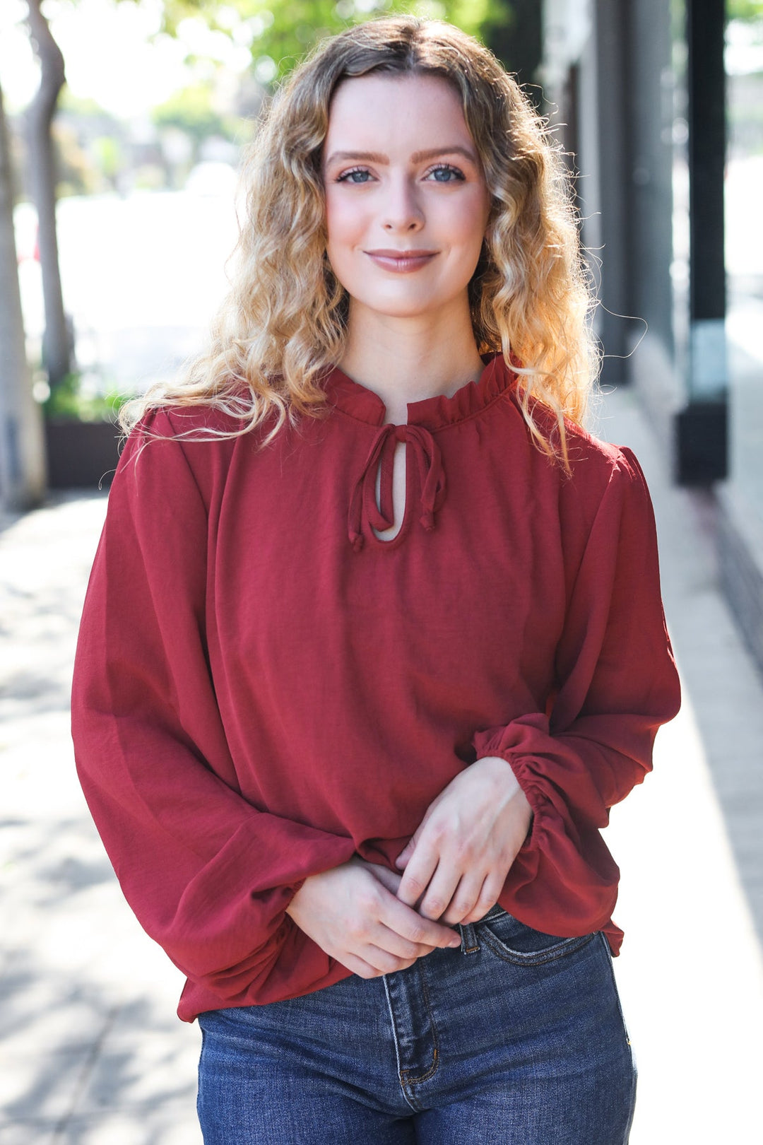 Feeling Femme Burgundy Frilled Edge V Neck Tie Top