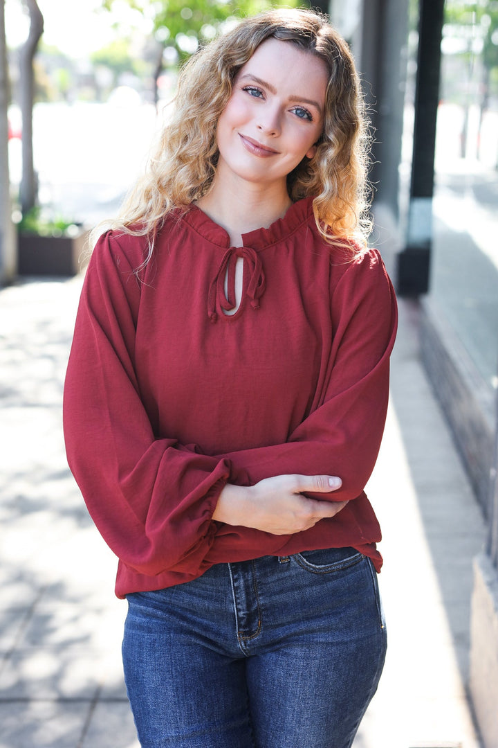 Feeling Femme Burgundy Frilled Edge V Neck Tie Top