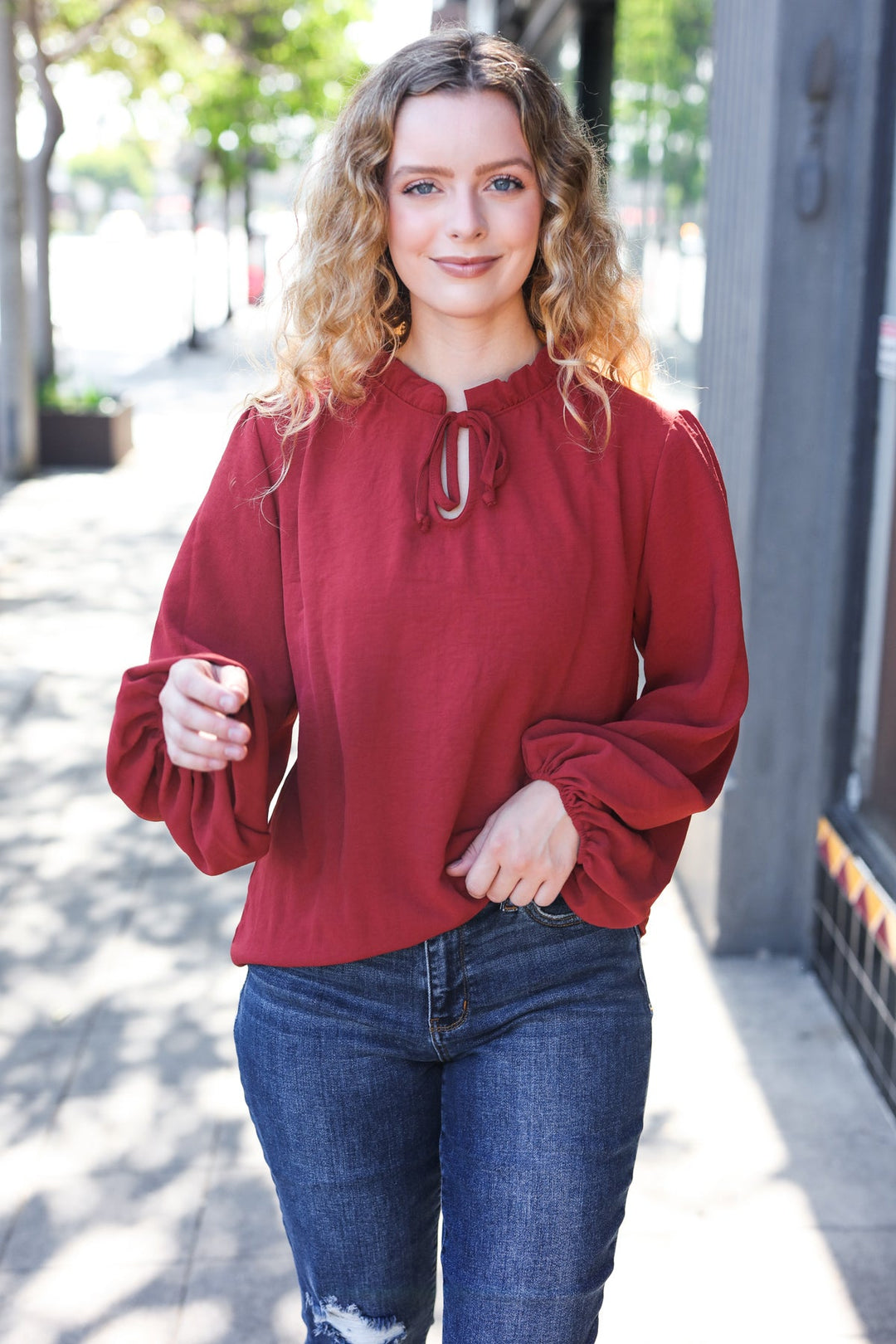 Feeling Femme Burgundy Frilled Edge V Neck Tie Top