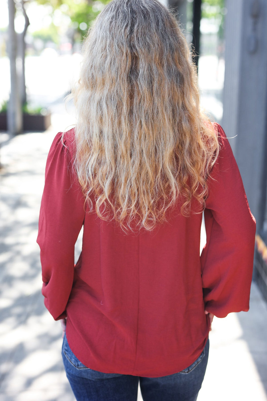 Feeling Femme Burgundy Frilled Edge V Neck Tie Top