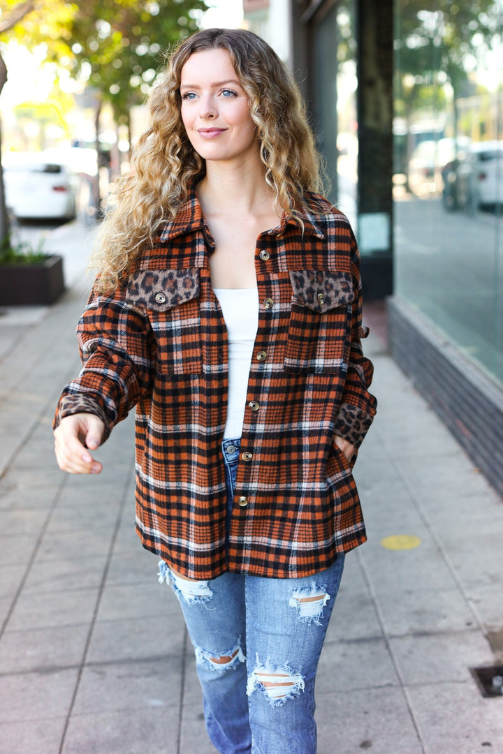 Put Together Rust Plaid & Animal Print Button Down Jacket