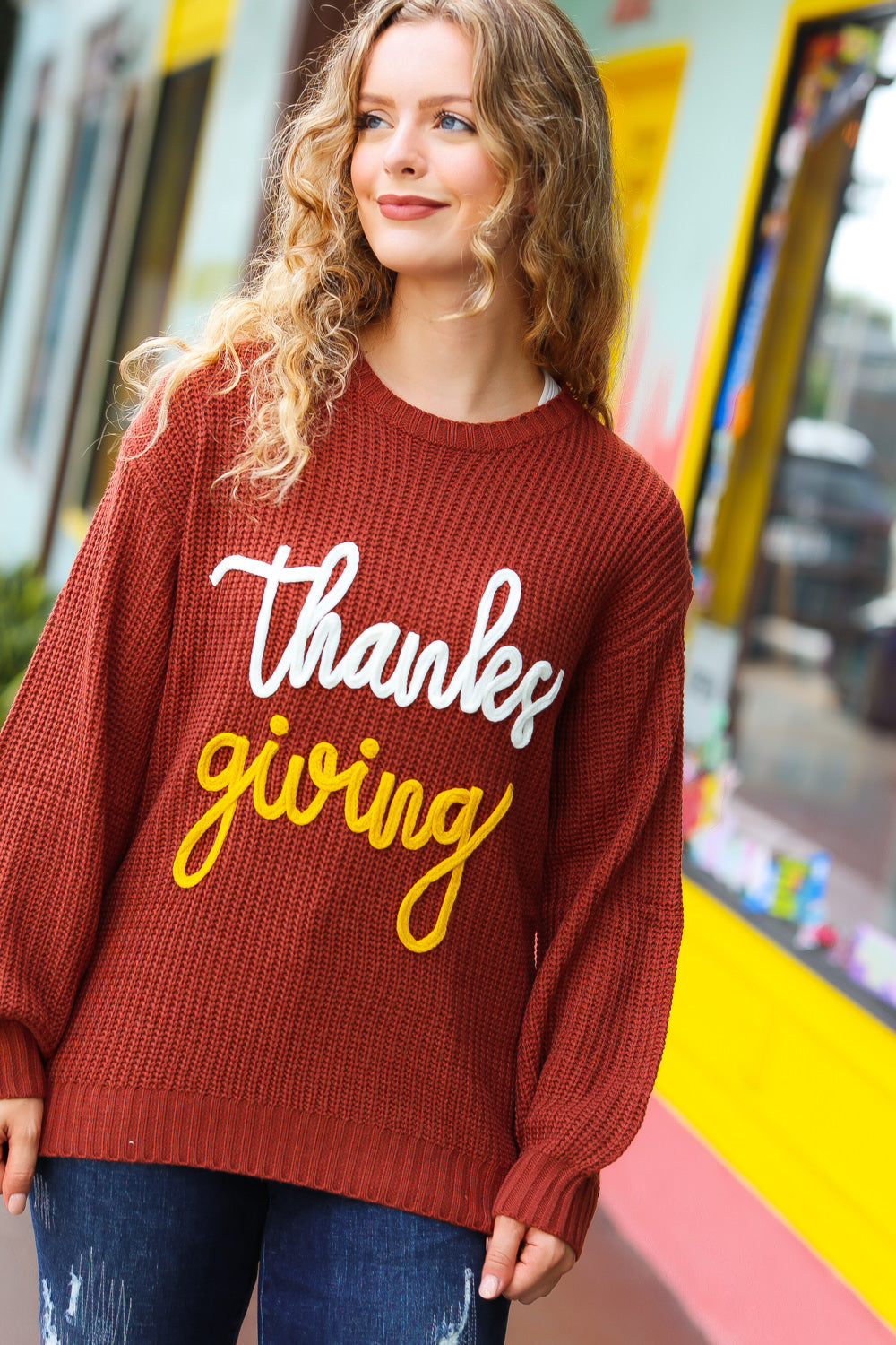 All I Want Thanksgiving Pop Up Embroidery Chunky Sweater