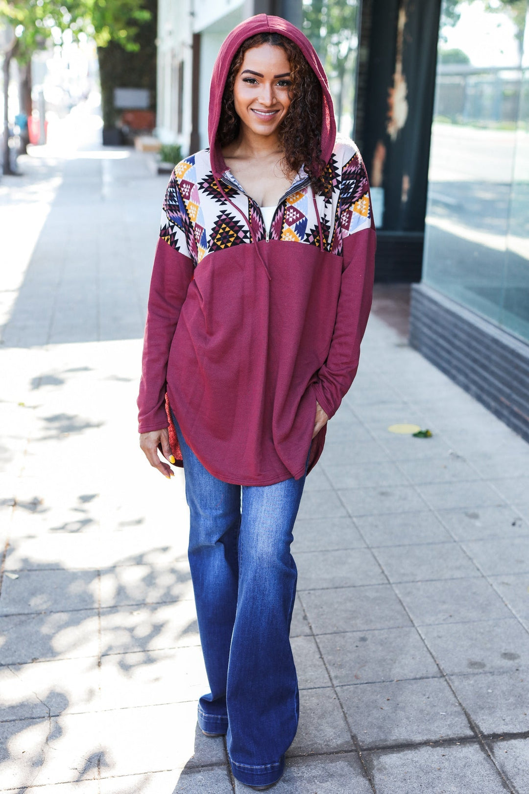 Stand Out Burgundy Tribal Print Half Zip Longline Hoodie