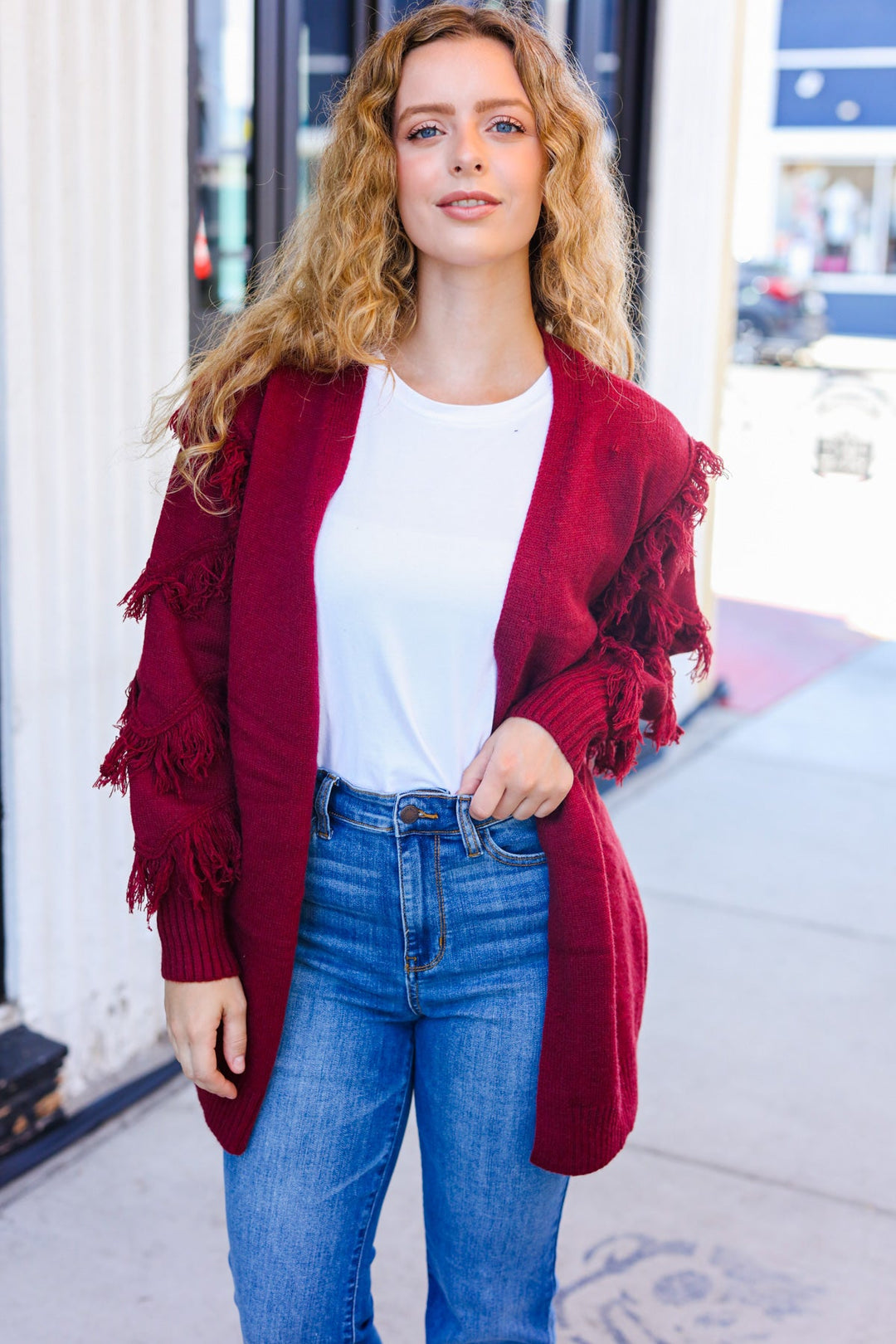 Beautiful You Burgundy Fringe Detail Knit Cardigan