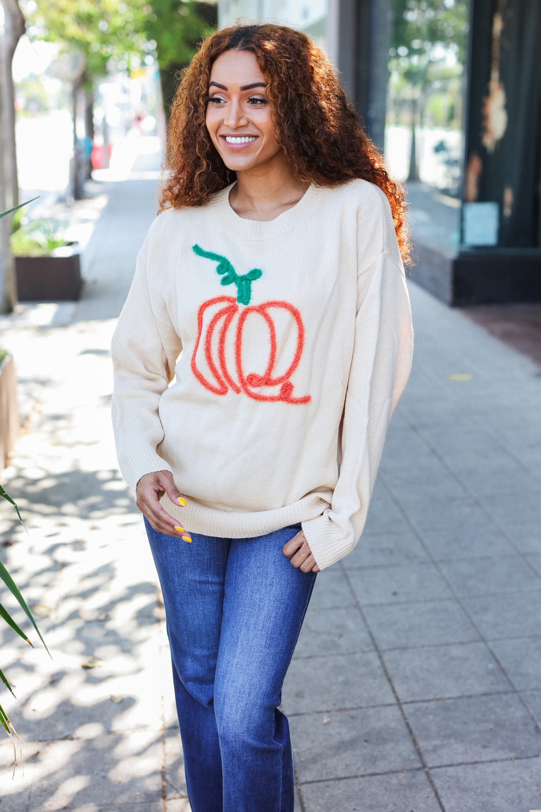 Taupe Embroidered Pumpkin Oversized Sweater