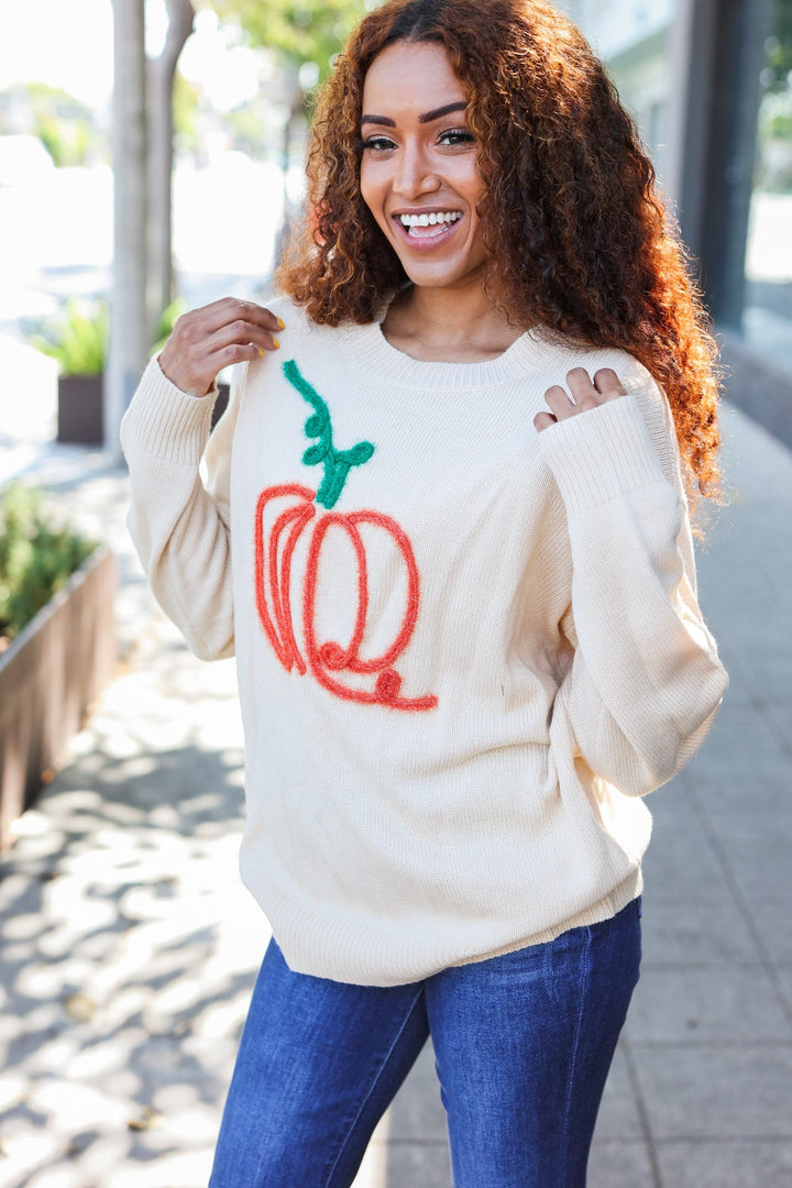 Taupe Embroidered Pumpkin Oversized Sweater