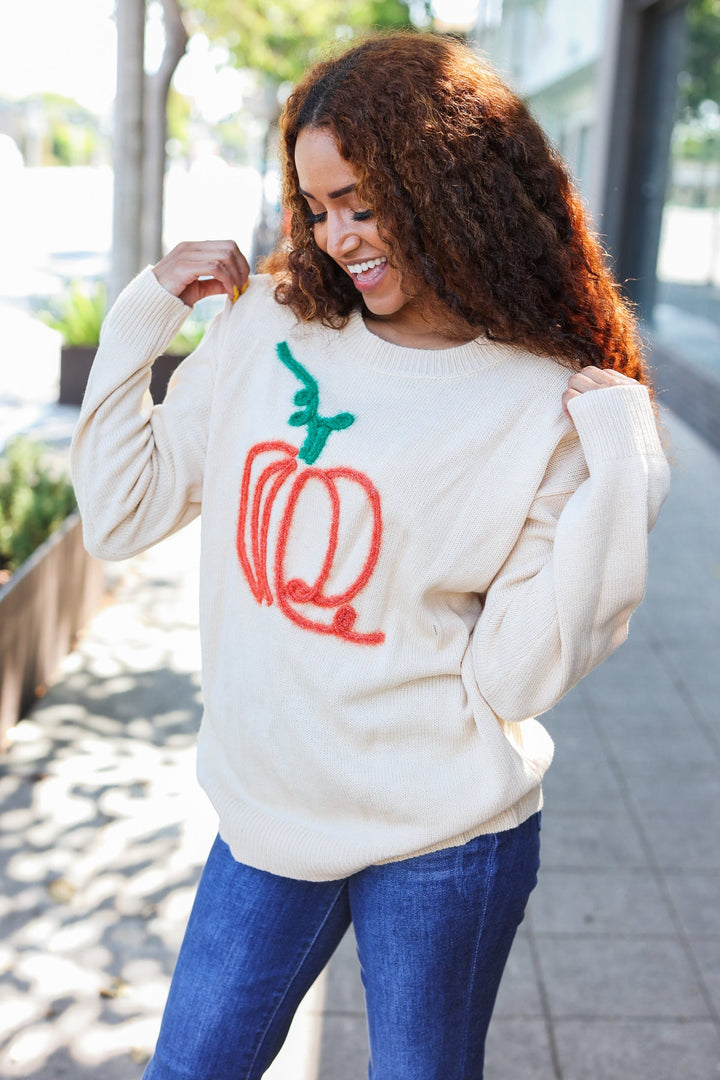 Taupe Embroidered Pumpkin Oversized Sweater