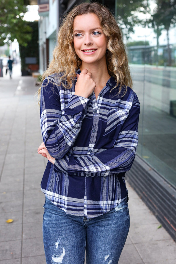 Casual Chic Blue Plaid Button Down Long Sleeve Top