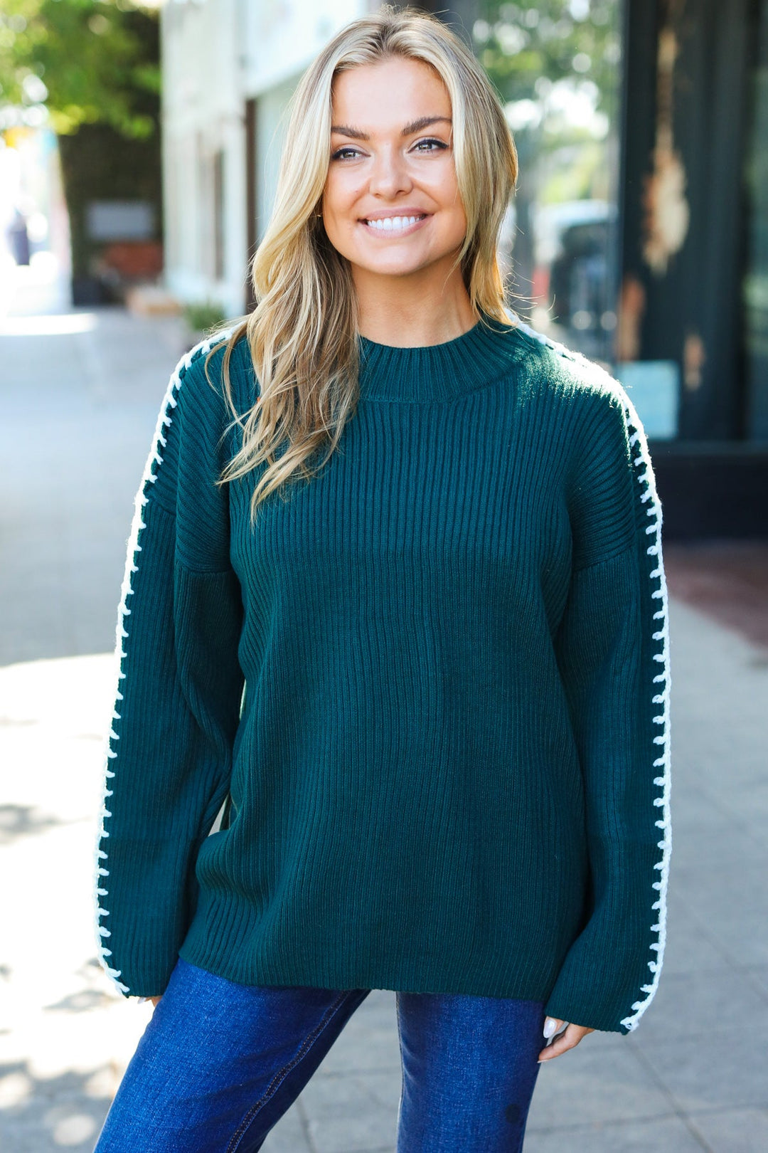 Hunter Green Rib Knit Stitch Detail Oversized Sweater