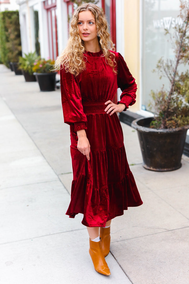 Holiday Dreaming Burgundy Velvet Mock Neck Smocked Waist Dress