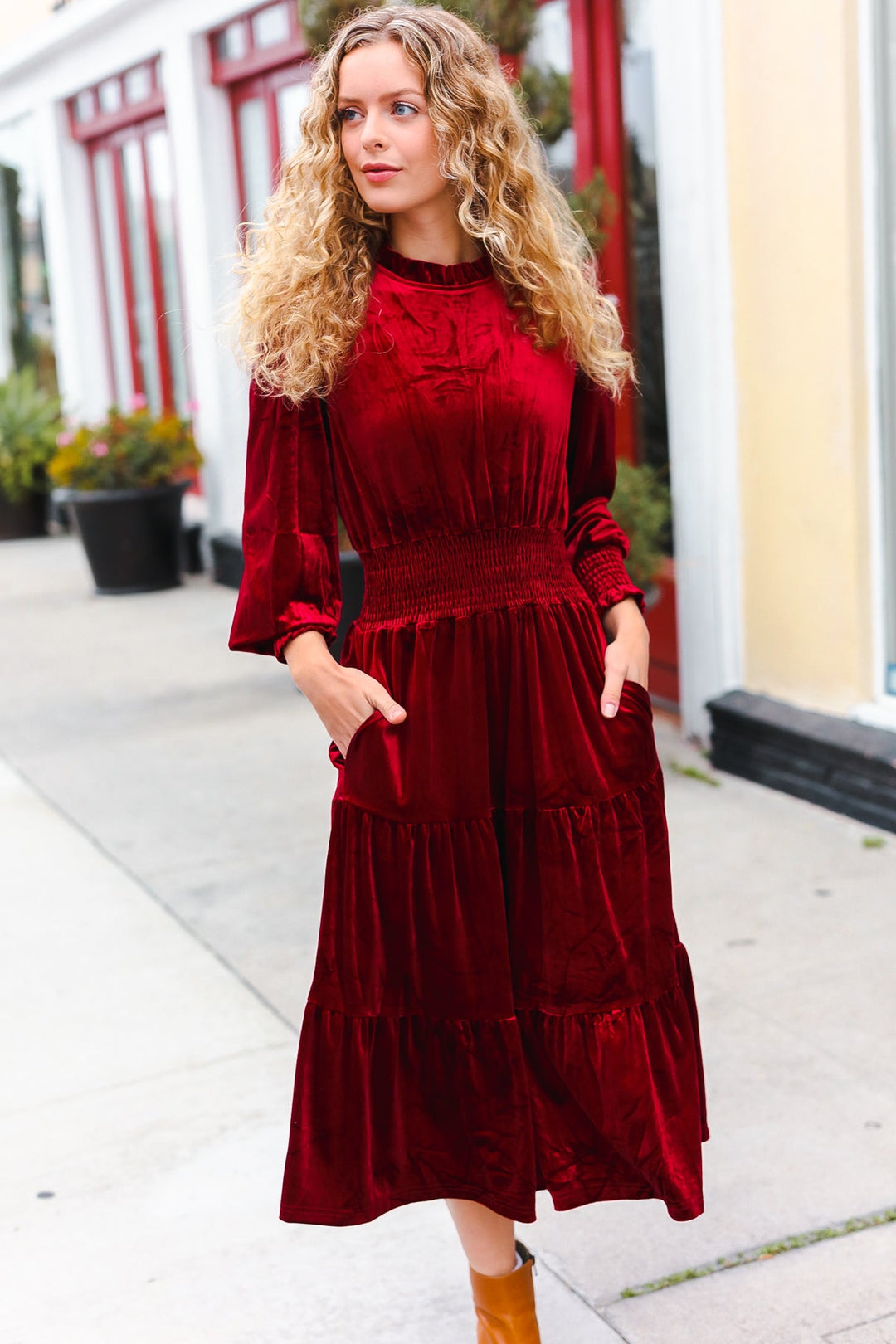 Holiday Dreaming Burgundy Velvet Mock Neck Smocked Waist Dress