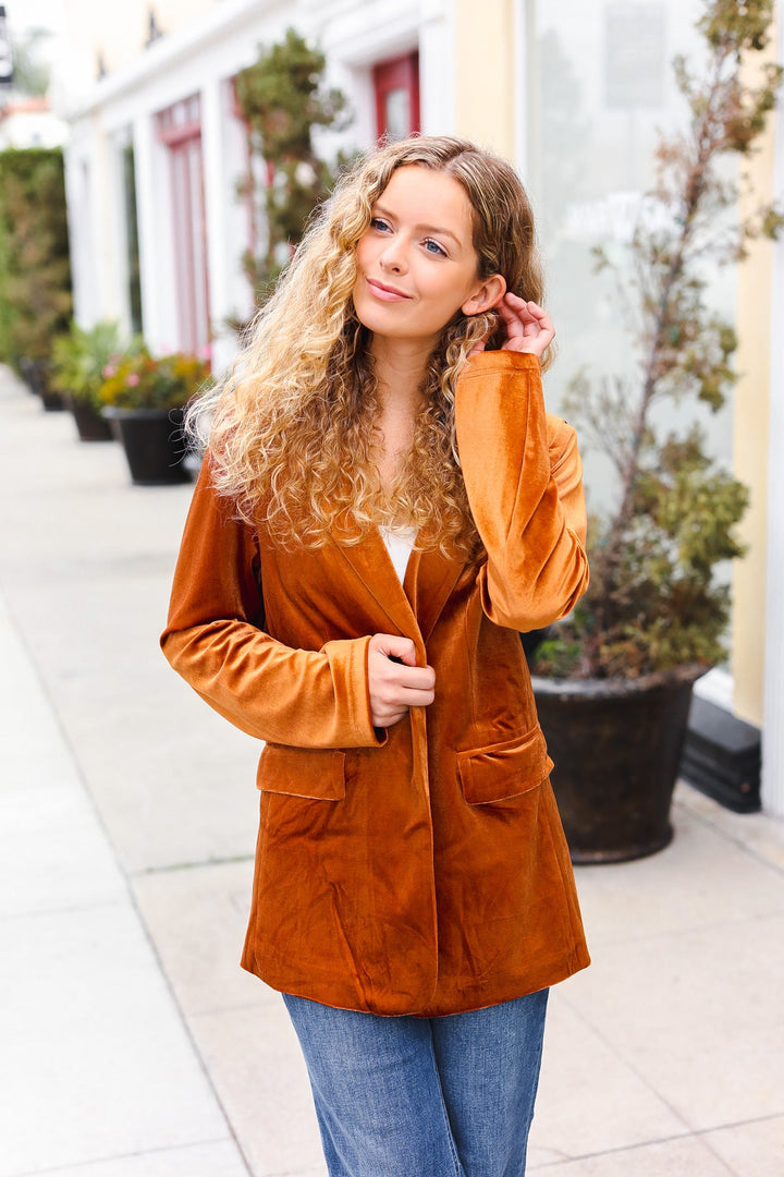 Holiday Stunner Rust Velvet Lapel Blazer