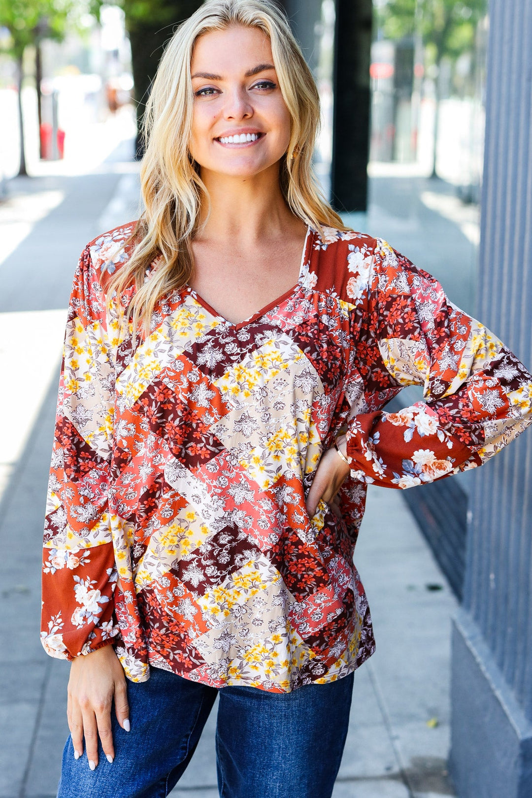 Rust Harvest Floral Patchwork V Neck Blouse