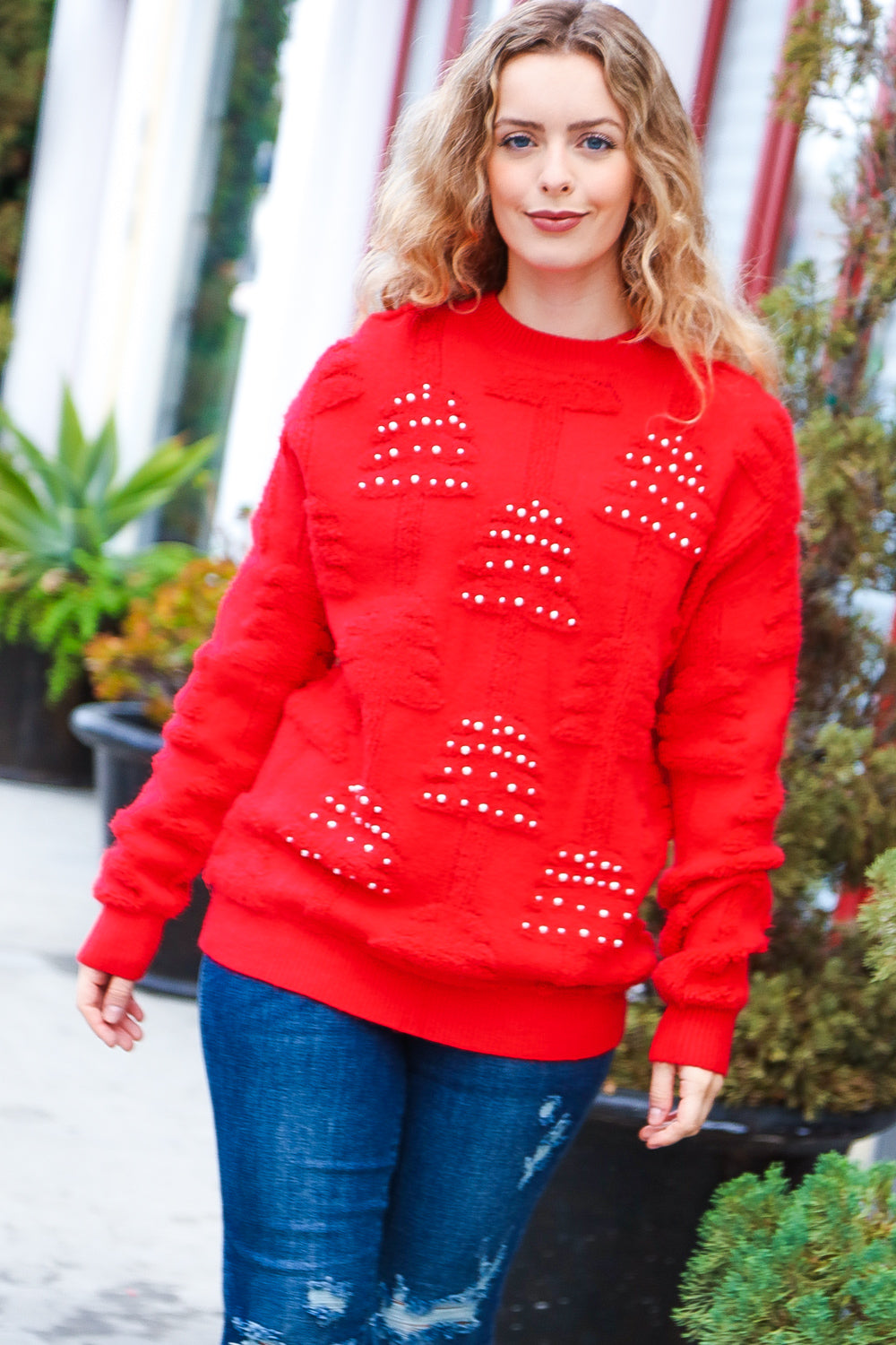 More The Merrier Red Pearl Christmas Tree Jacquard Sweater