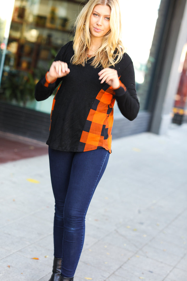 Black & Rust Plaid Hacci Knit Hoodie