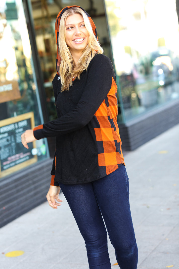 Black & Rust Plaid Hacci Knit Hoodie