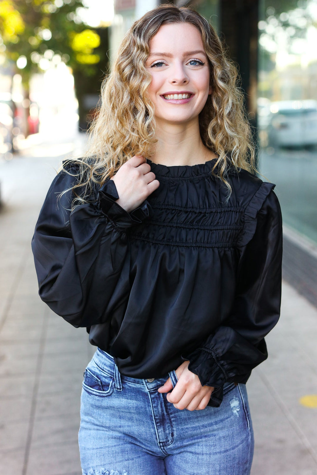 Be Your Best Black Satin Shirred Yoke Frilled Mock Neck Top