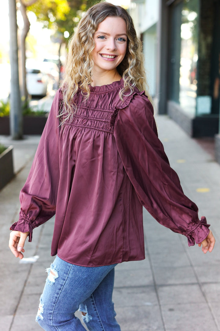 Be Your Best Wine Satin Shirred Yoke Frilled Mock Neck Top