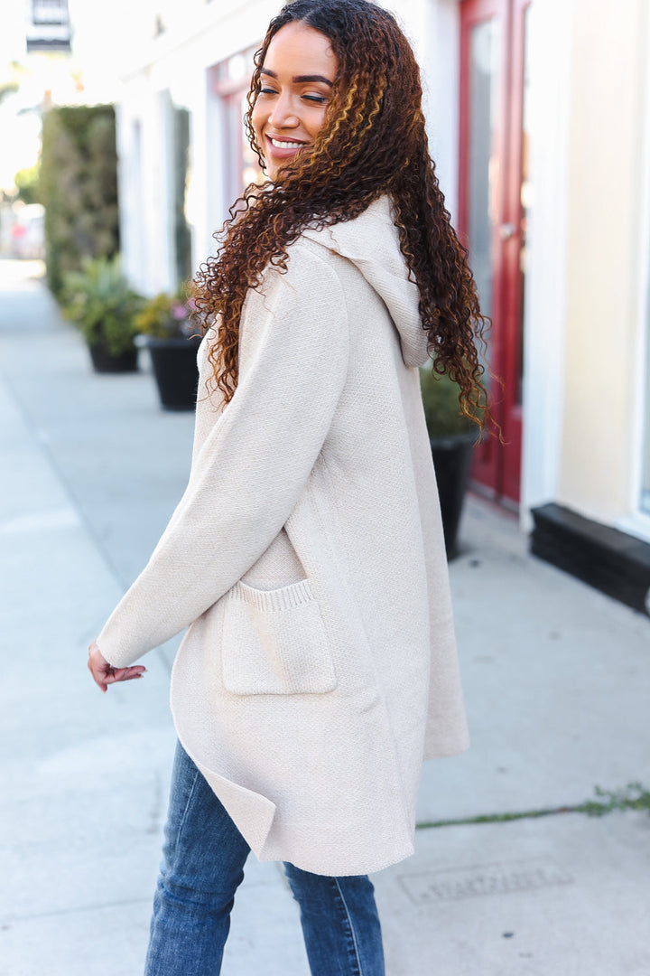 Taupe Open Sweater Cardigan Hoodie With Pockets