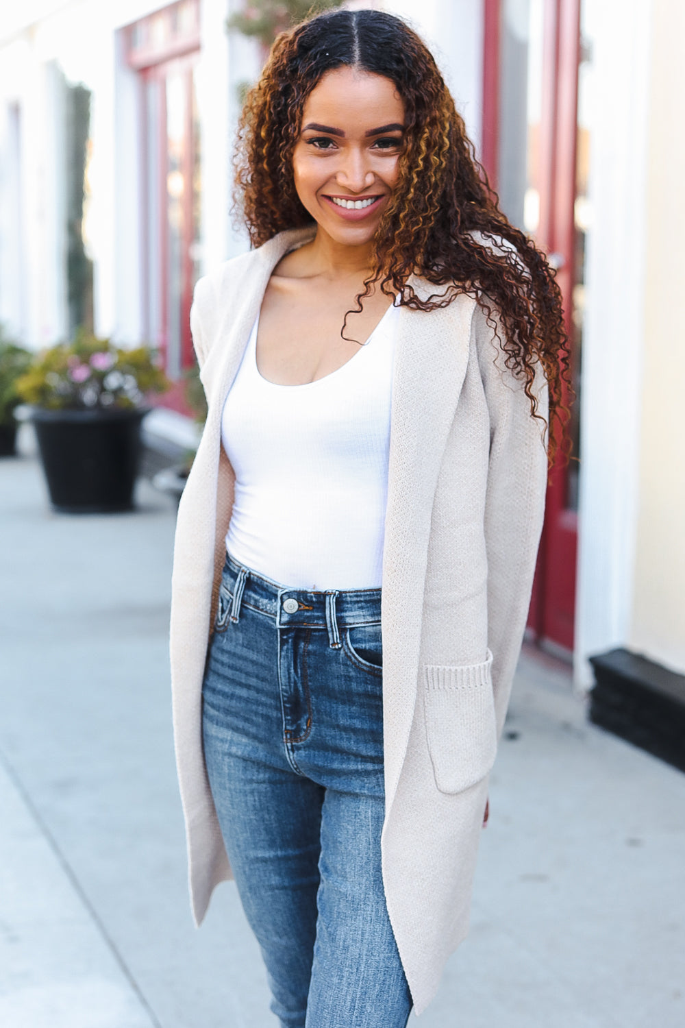 Taupe Open Sweater Cardigan Hoodie With Pockets