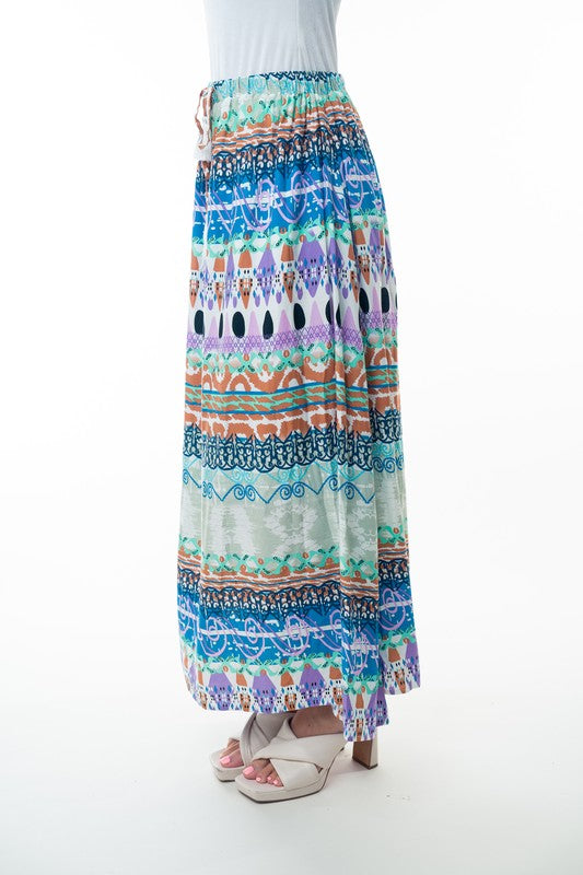 Printed Elastic Waist Band Long Skirt with Tassels in Sage Combo