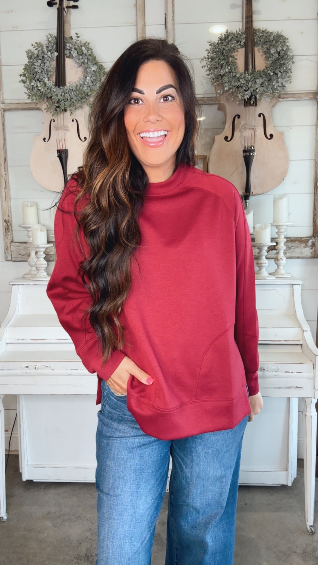 It's The Little Things Relaxed Scuba Pullover in Cabernet