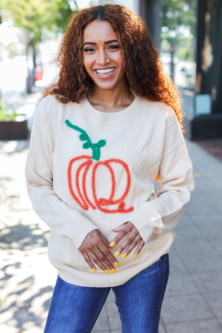 Taupe Embroidered Pumpkin Oversized Sweater