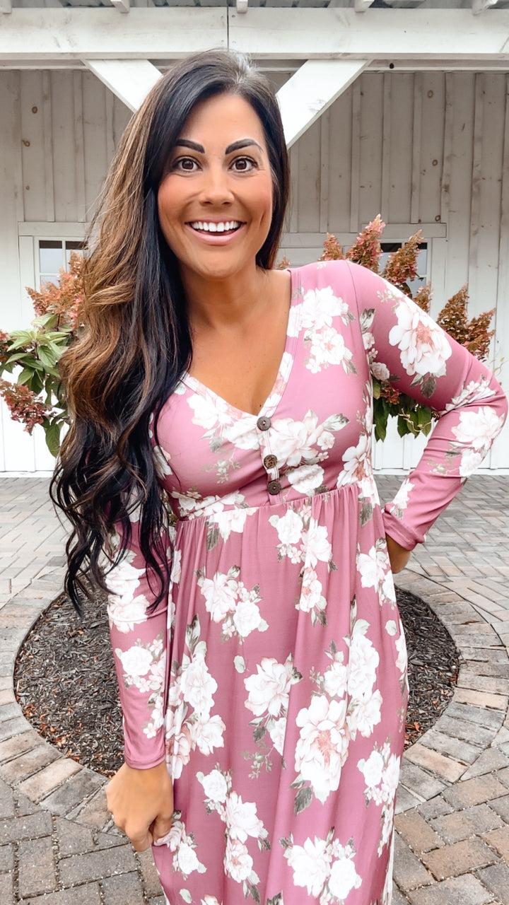 Feeling Femme Mauve Floral Print V Neck Button Maxi Dress