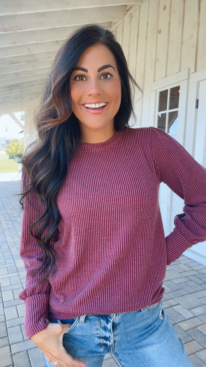 When the Sun Goes Down Mineral Wash Ribbed Knit Top in Wine