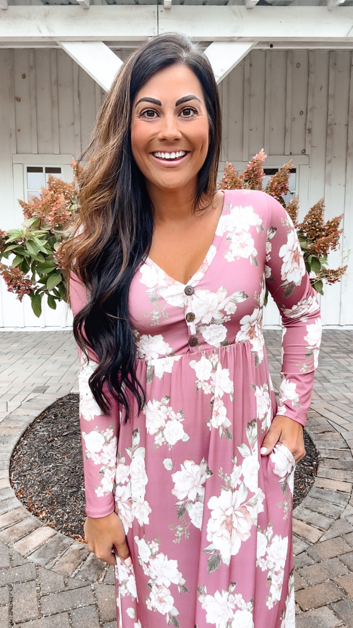 Feeling Femme Mauve Floral Print V Neck Button Maxi Dress