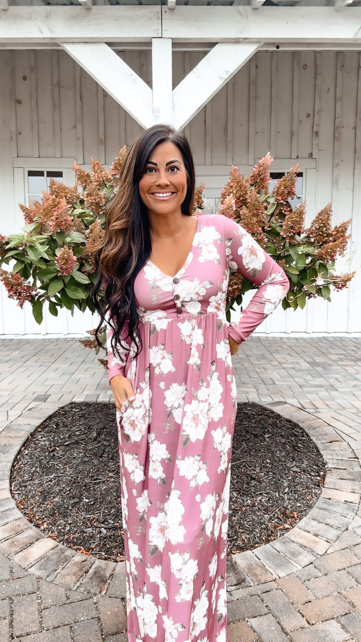 Feeling Femme Mauve Floral Print V Neck Button Maxi Dress