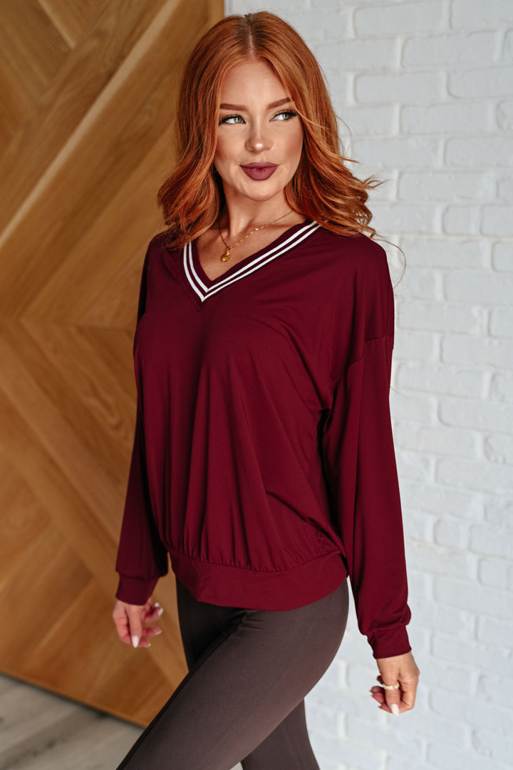 All Out Comfort V-Neck Pullover in Red Merlot