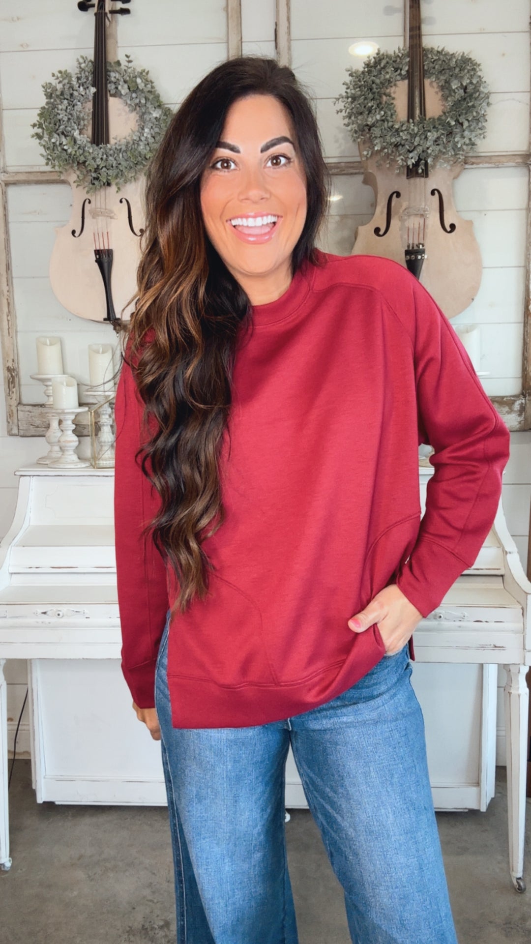 It's The Little Things Relaxed Scuba Pullover in Cabernet