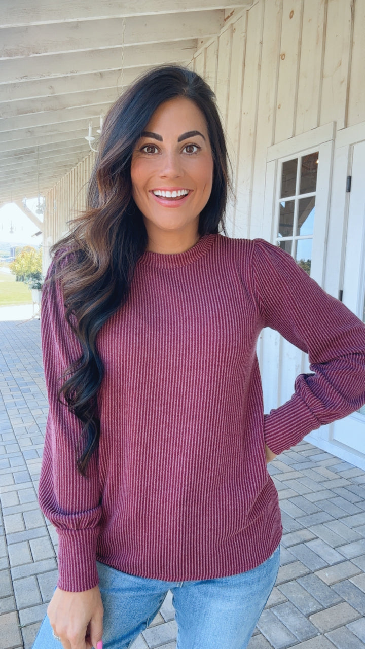 When the Sun Goes Down Mineral Wash Ribbed Knit Top in Wine