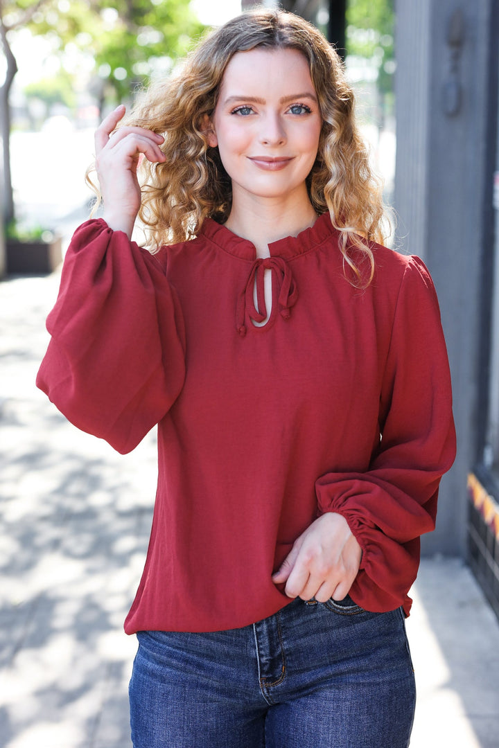 Feeling Femme Burgundy Frilled Edge V Neck Tie Top