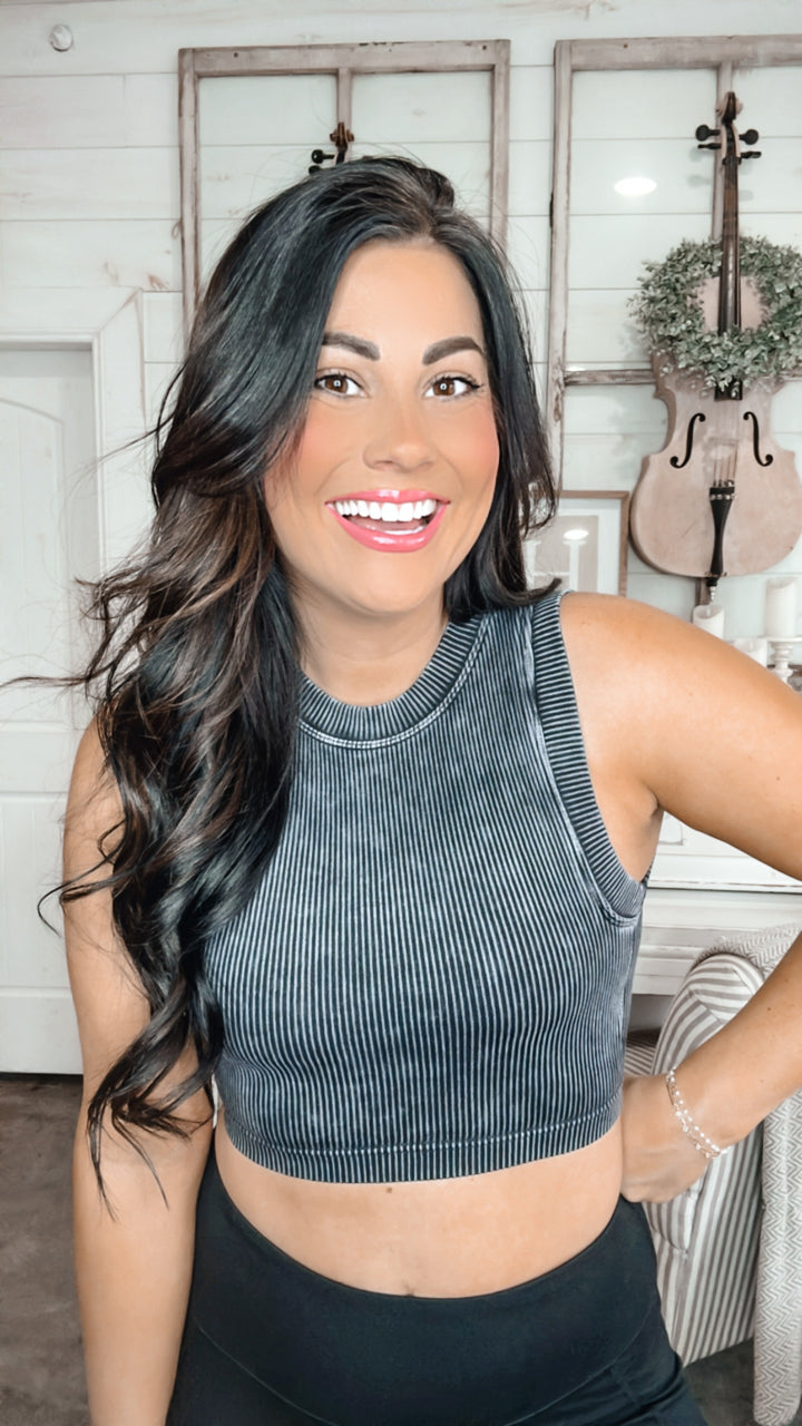 Over and Out Cropped Ribbed Tank in Black