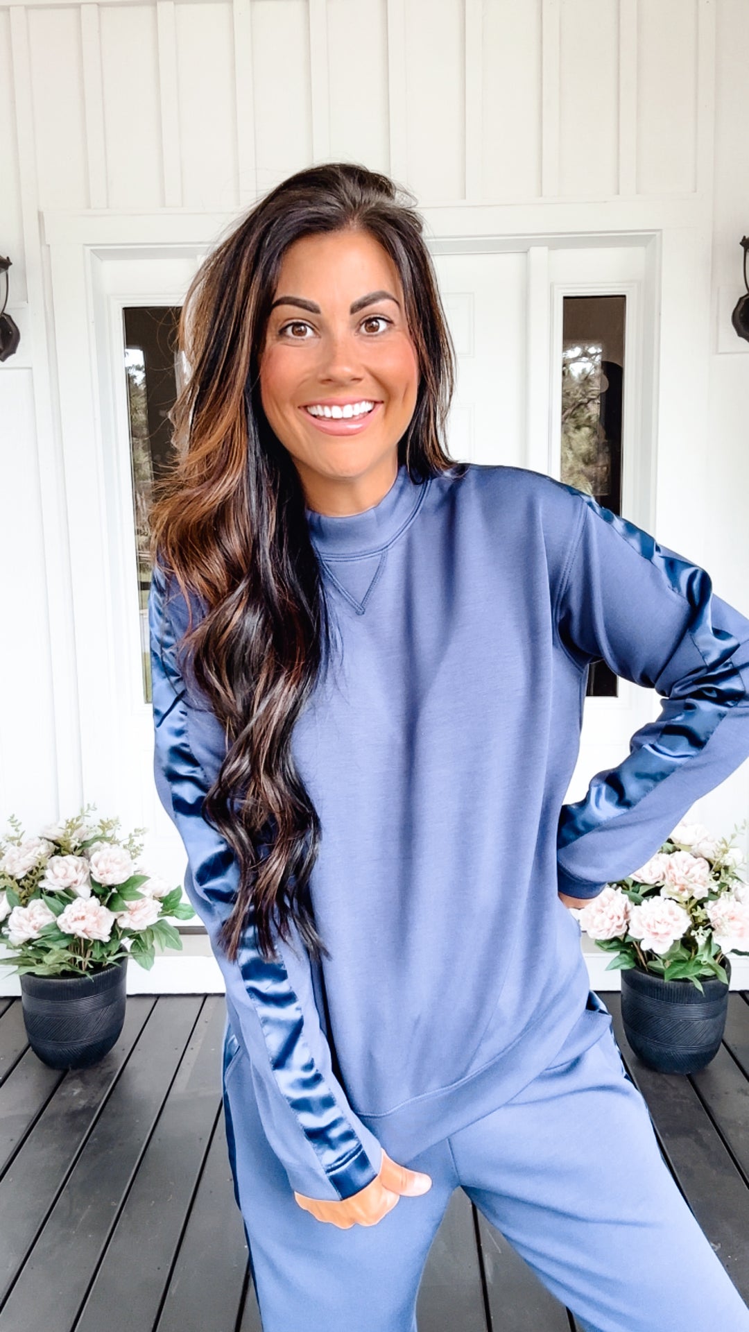 Lysa Satin Stripe Pullover in Smoky Navy