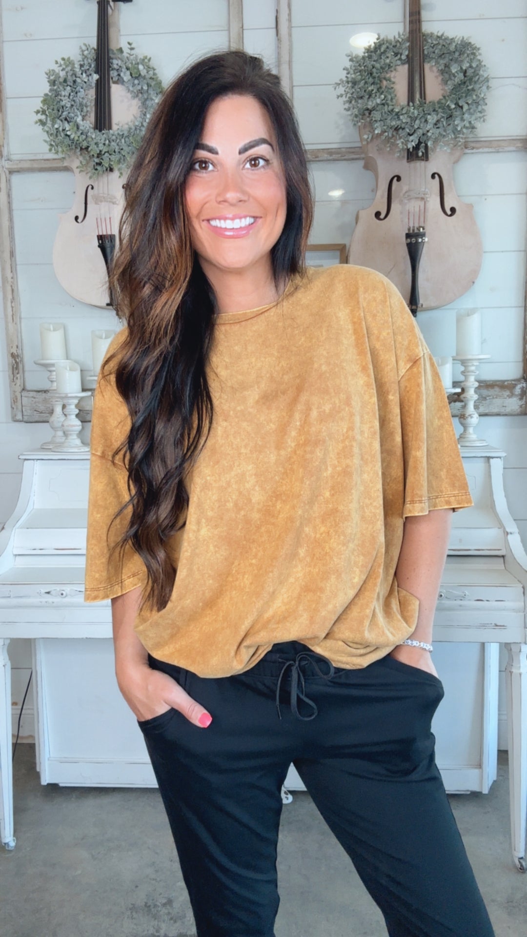 Don't Mind Me Mineral Wash Drop Shoulder Tee in Deep Camel