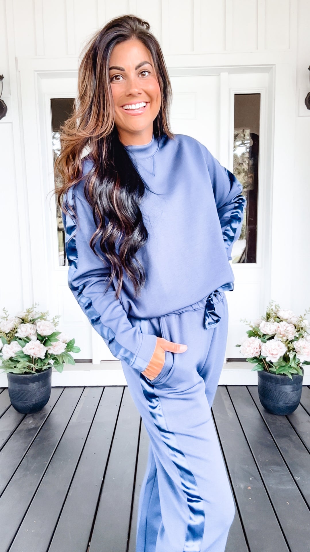 Lysa Satin Stripe Pullover in Smoky Navy