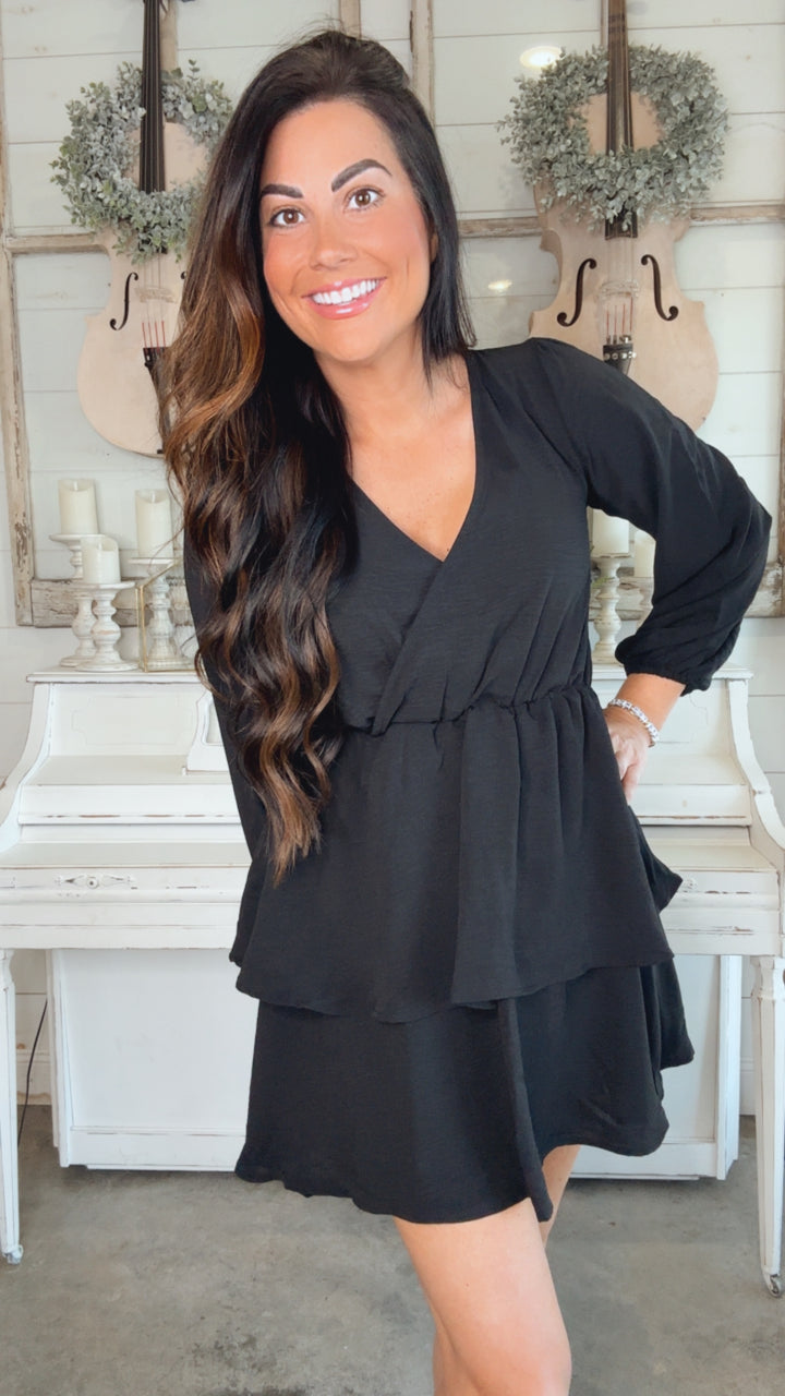 Falling In Love Black Surplice Tiered Woven Dress