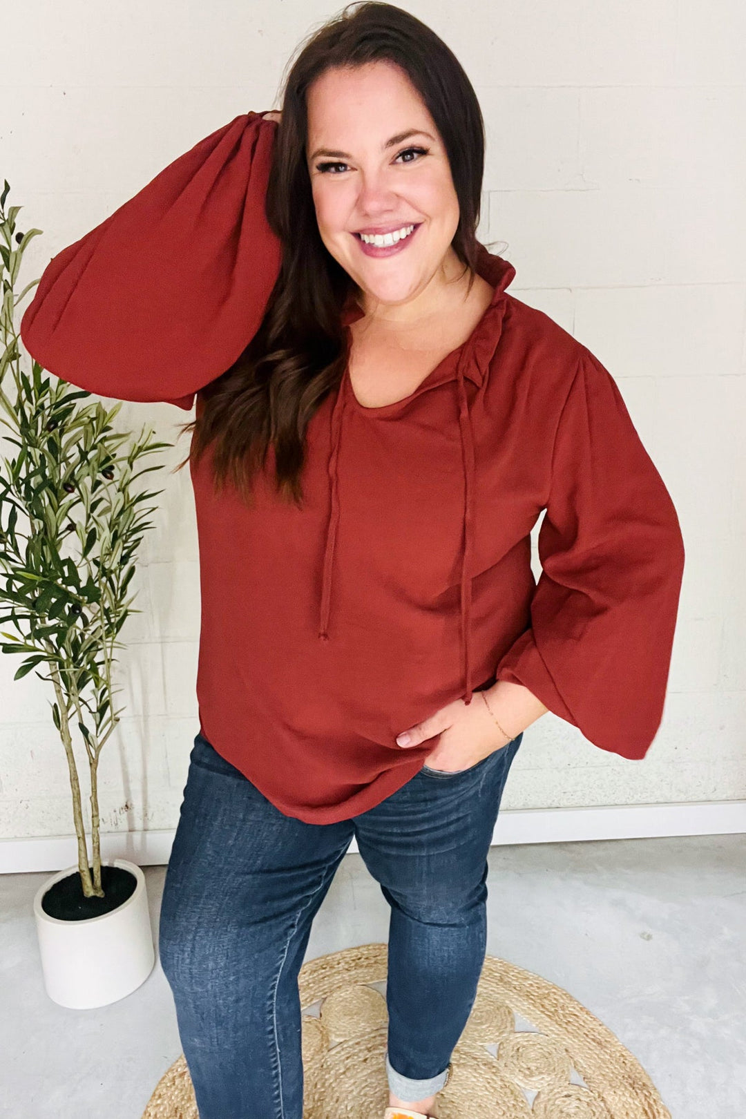 Feeling Femme Burgundy Frilled Edge V Neck Tie Top