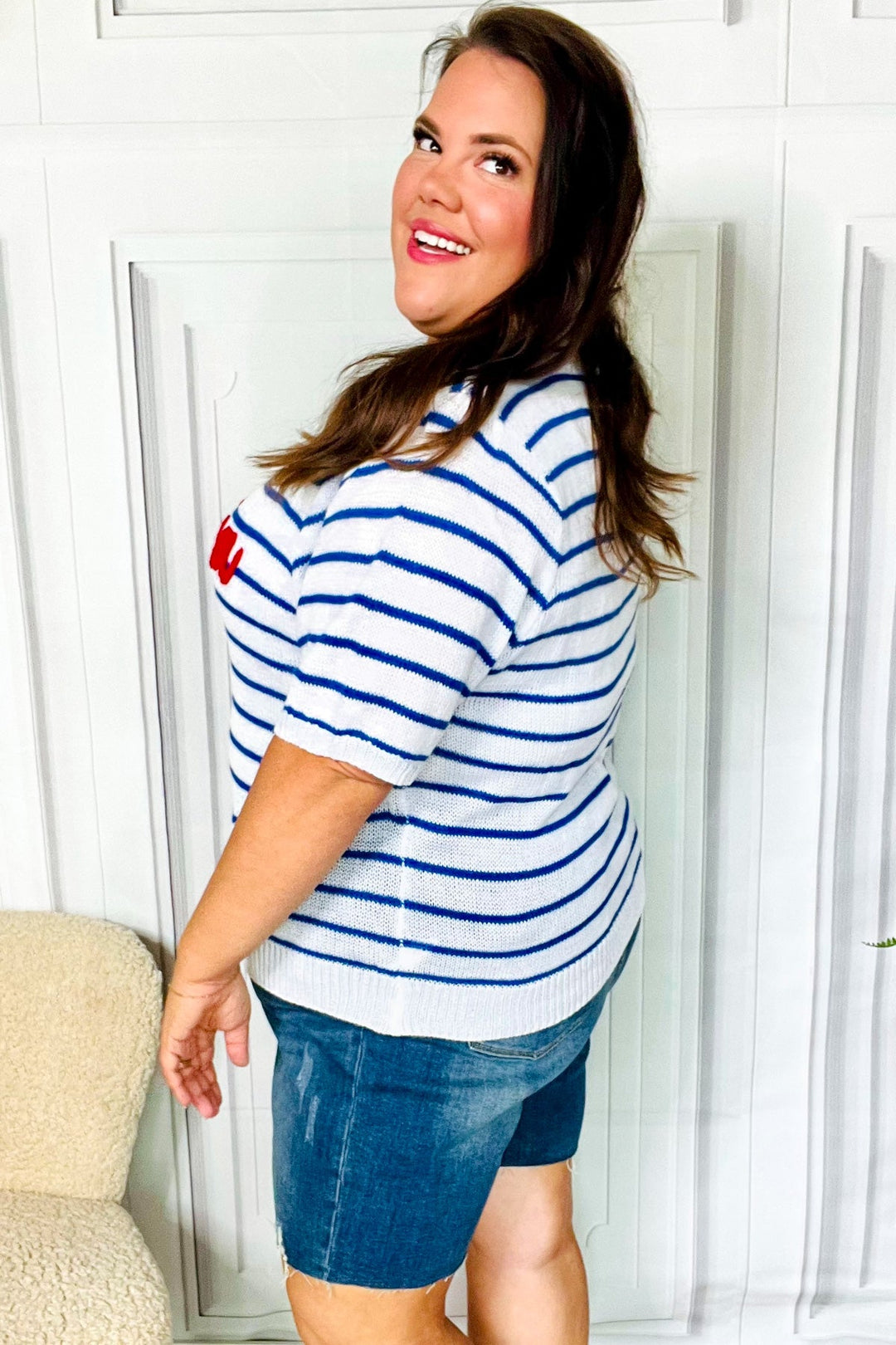 America Proud Blue Striped Embroidered Puff Sleeve Top