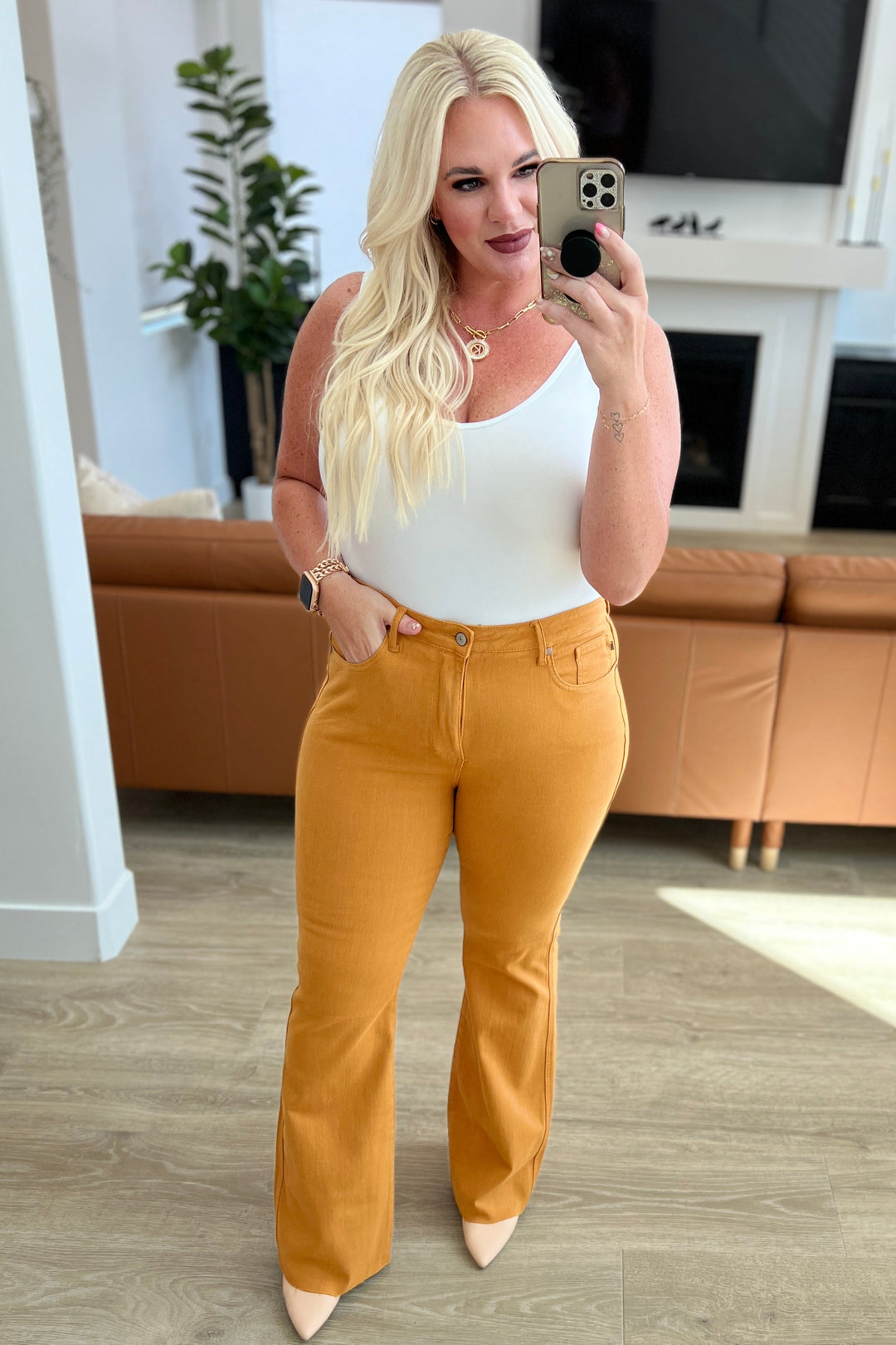 Melinda High Rise Control Top Flare Jeans in Marigold