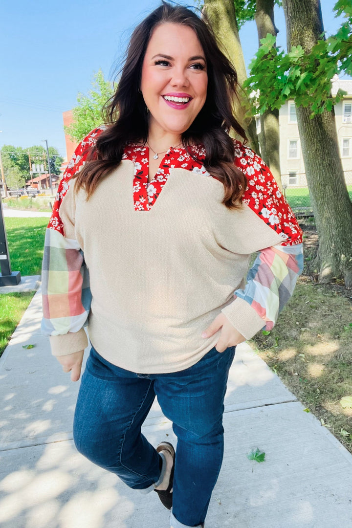 Rust & Oatmeal Plaid Floral Color Block Notch Neck Top