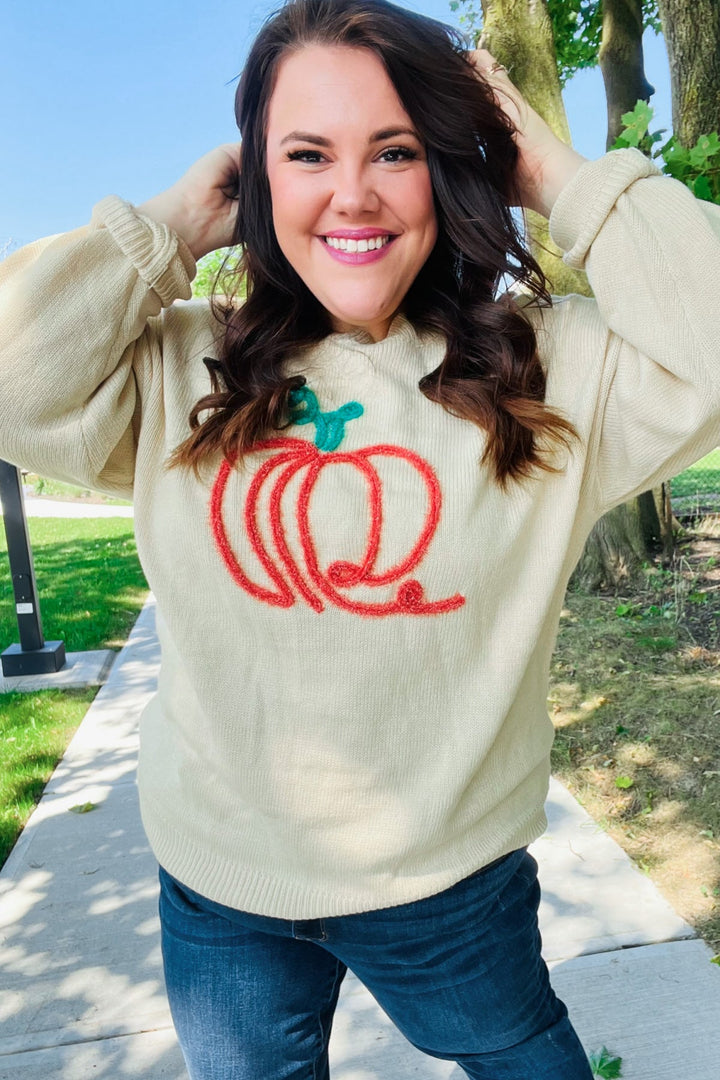 Taupe Embroidered Pumpkin Oversized Sweater