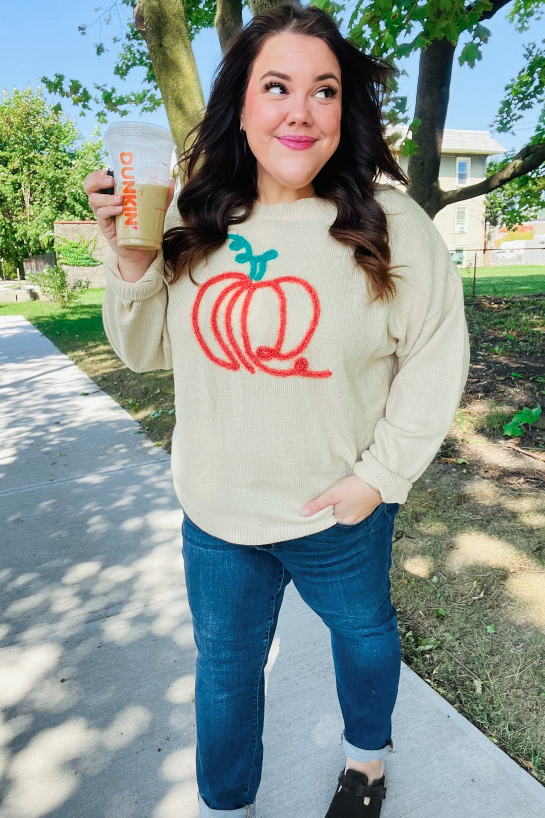 Taupe Embroidered Pumpkin Oversized Sweater