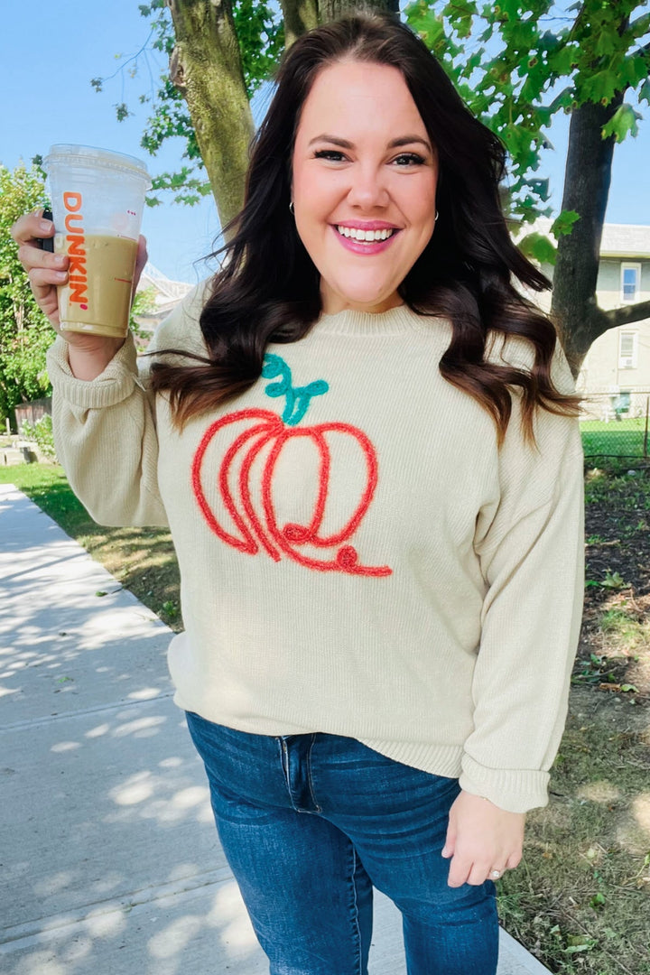 Taupe Embroidered Pumpkin Oversized Sweater