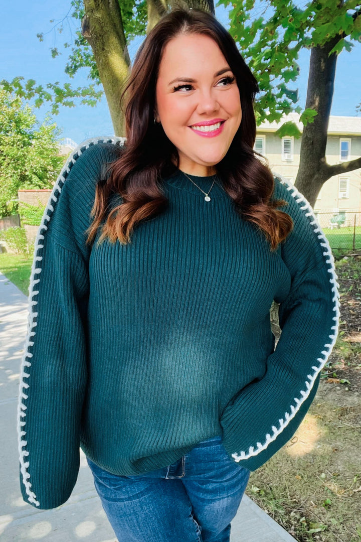 Hunter Green Rib Knit Stitch Detail Oversized Sweater