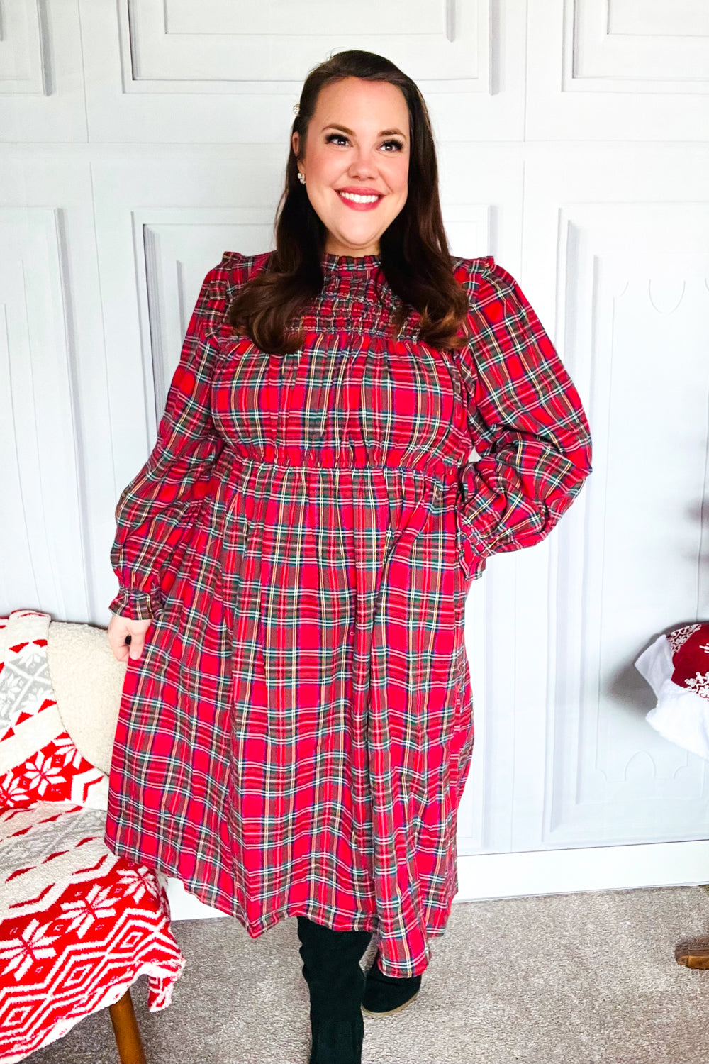 All I Want Hunter Red Plaid Check Woven Pocketed Dress