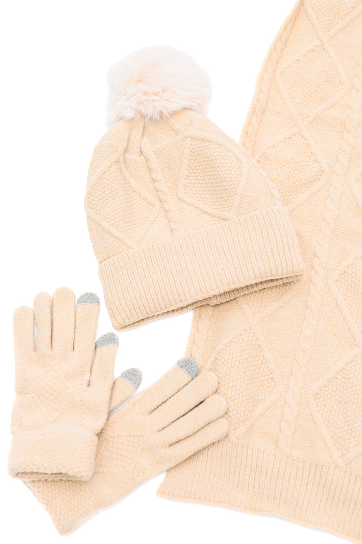 Jane Frost Beanie, Glove, and Scarf Set in Beige